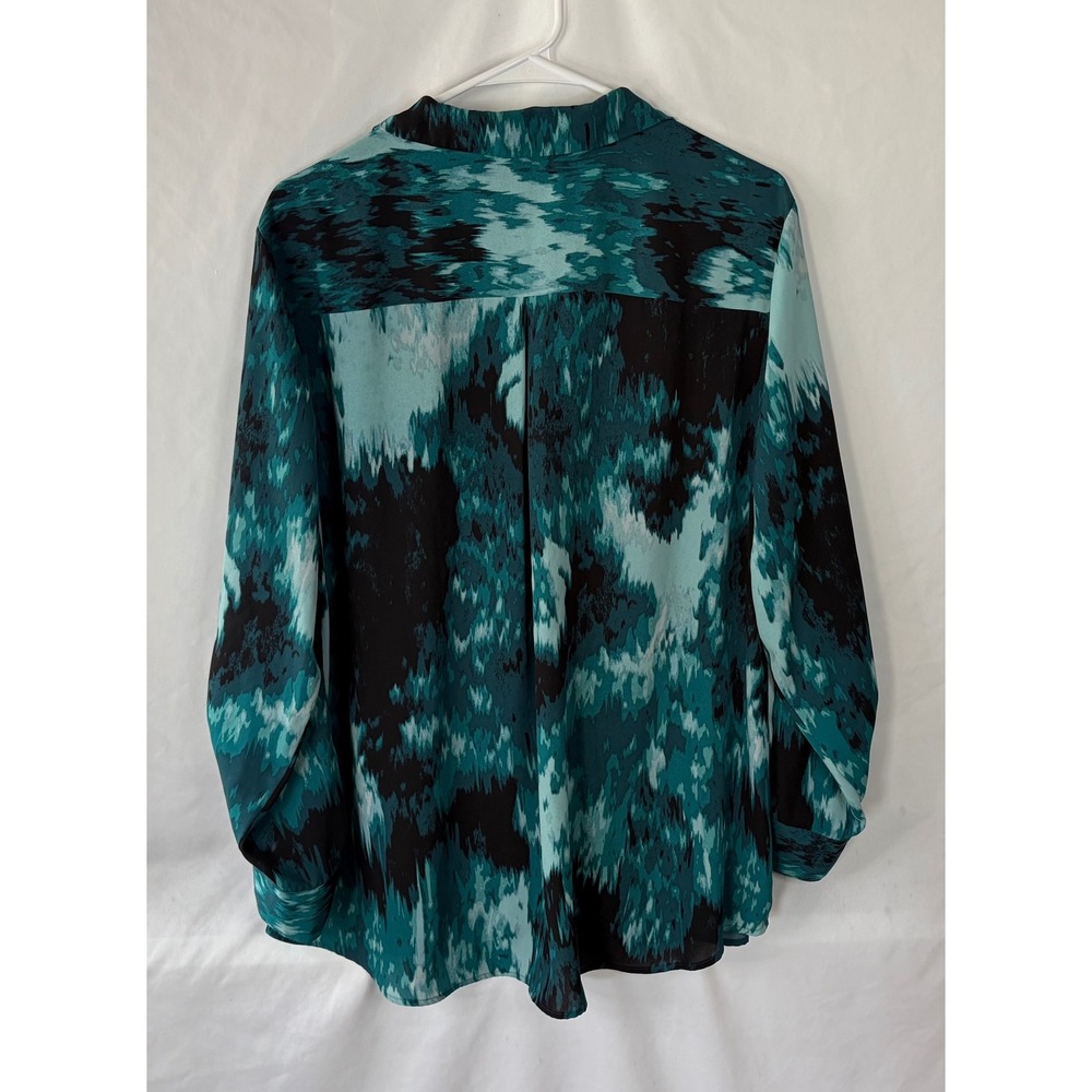 Olivia Investments Teal Black Abstract Print Roll Tab Button Down Blouse Large - Picture 11 of 11